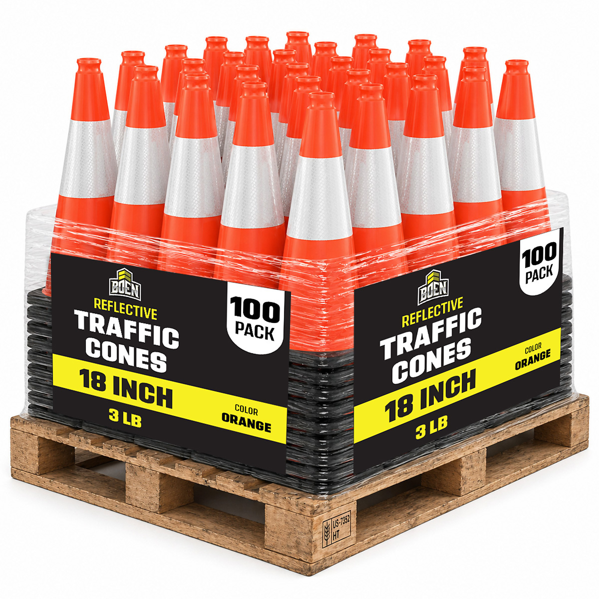 Boen 18 in, Orange Traffic Cone, 100-Pack (PL), High-Visibility Safety Cones with Reflective Collar & Heavy-Duty Base for Parking, Events & Traffic Control